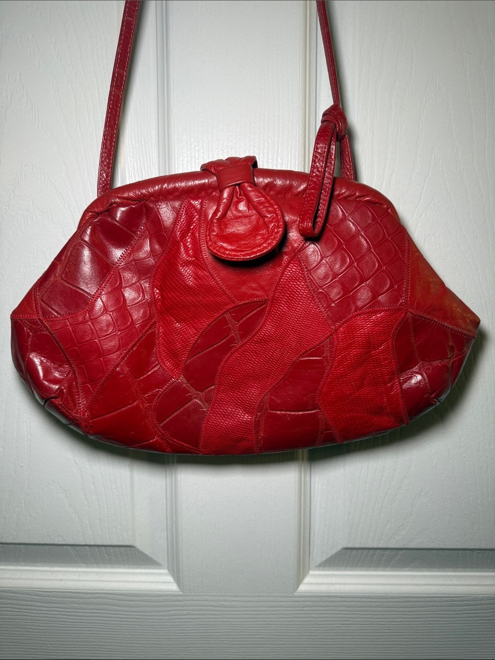Vintage Red Genuine Leather Patchwork Shoulder Frame Bag